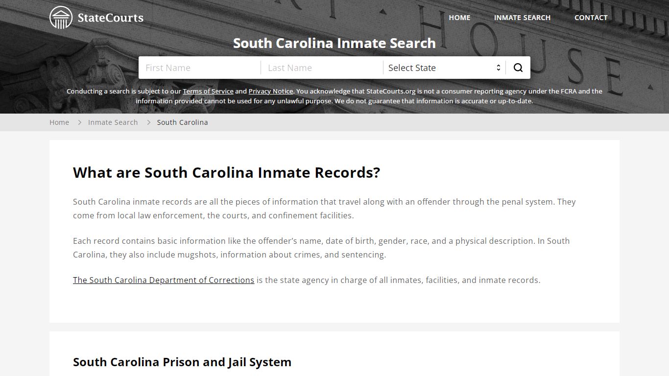 South Carolina Inmate Search, Prison and Jail Information - StateCourts